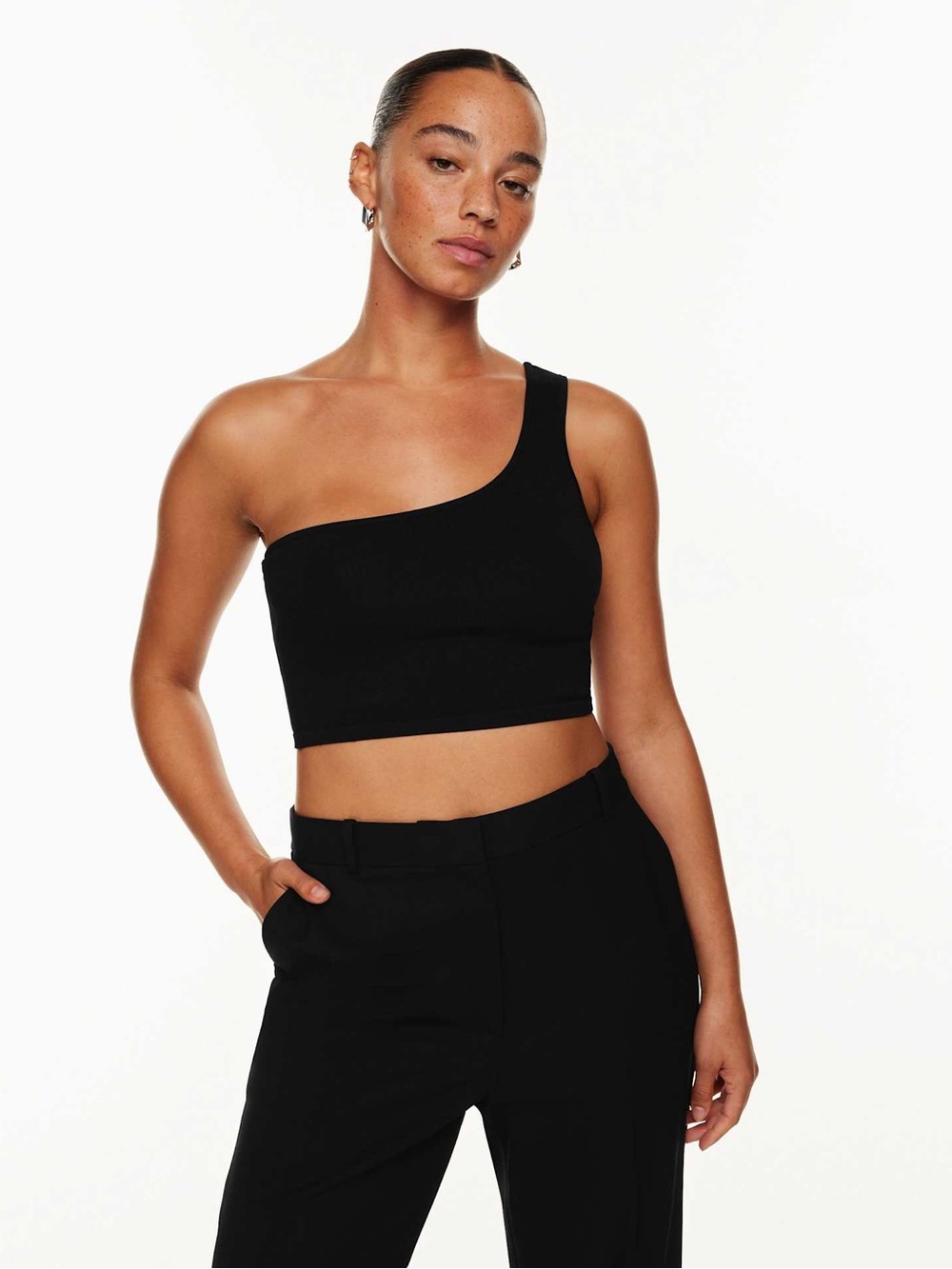 Aritzia Babaton Sculpt Knit One-Shoulder Cropped Tank XS Black